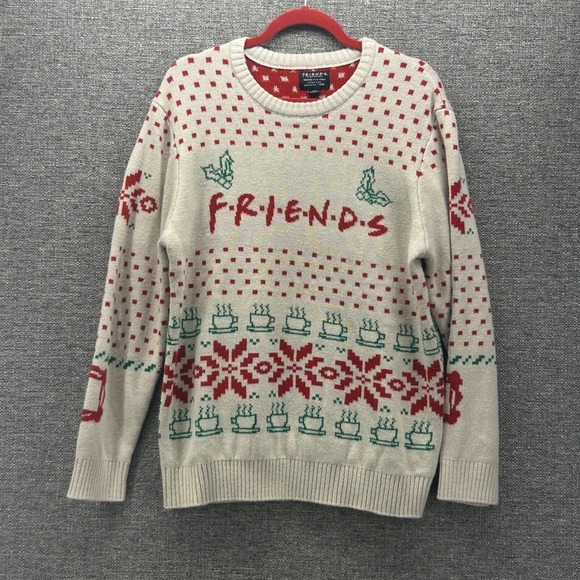 Friends TV Series Sweater Womens XL Christmas Cream Red and Blue Central Perks - Picture 1 of 12